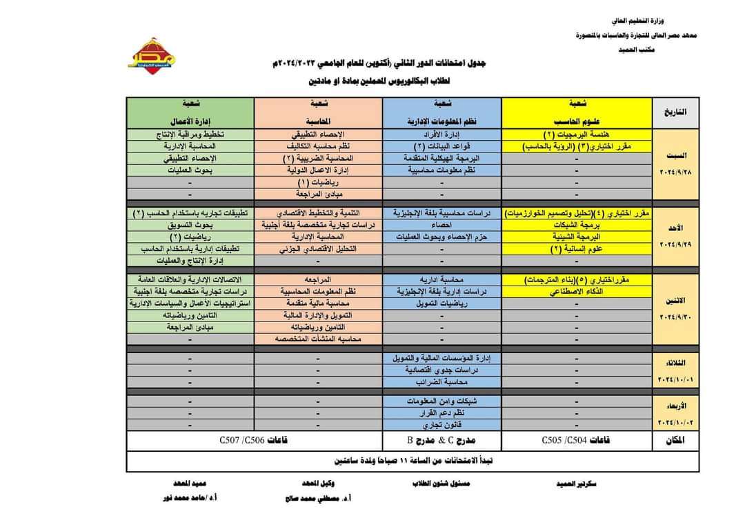 جدول امتحانات الدور الثاني لطلاب الفرقة الرابعة المحملين بمادة او مادتين للعام 2023-2024