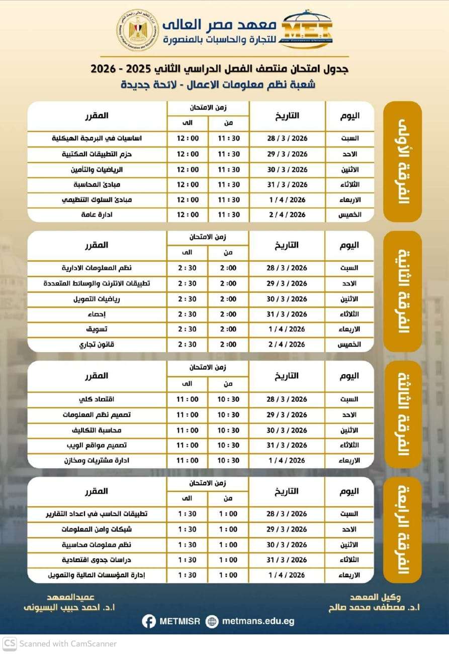 جدول منتصف الفصل الدراسي الثاني شعبة نظم معلومات الأعمال لائحة جديدة جدول منتصف الفصل الدراسي الثاني شعبة نظم معلومات الأعمال لائحة جديدة